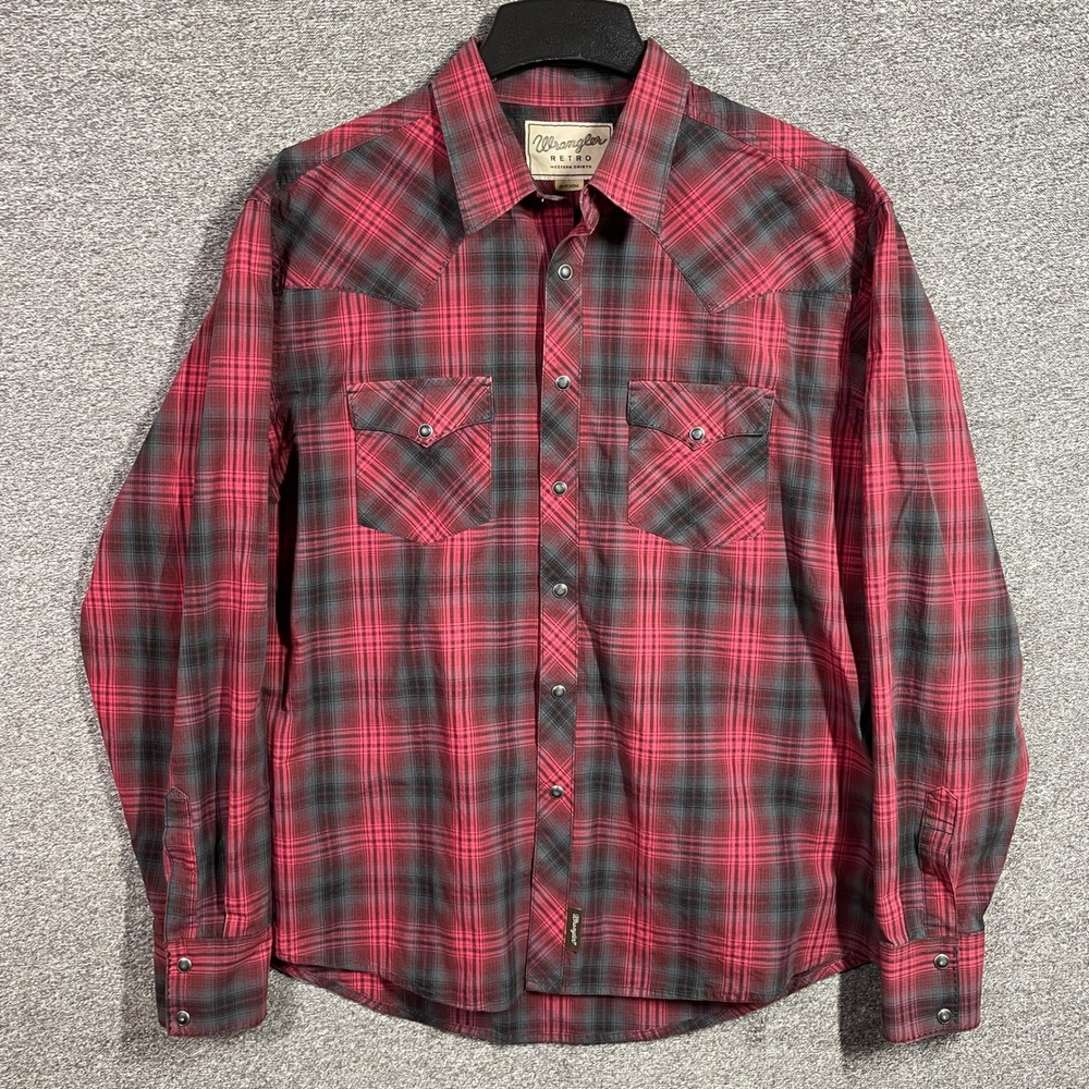Wrangler Retro Western Shirt Mens XL Red Grey Plaid Pearl Snap
